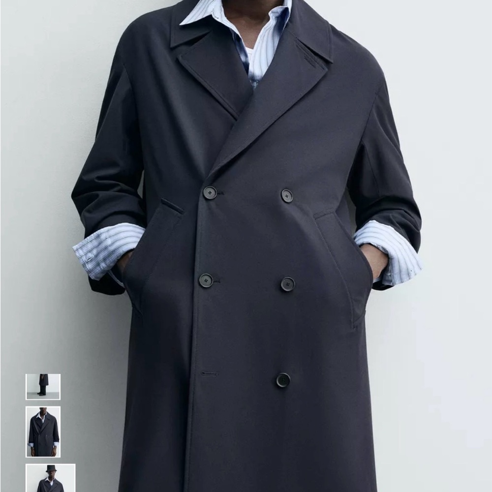 Zara Men's Charcoal Double-Breasted Trench Coat